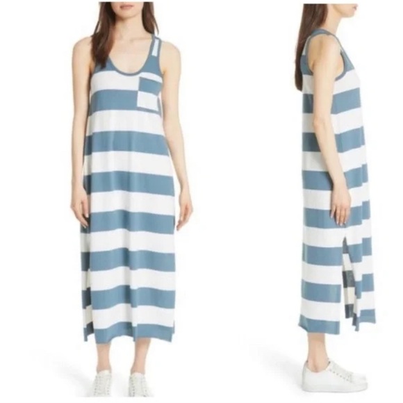 ATM Anthony Thomas Melillo Block Stripe Pocket Tank Midi Dress SZ L Blue White - Picture 1 of 7
